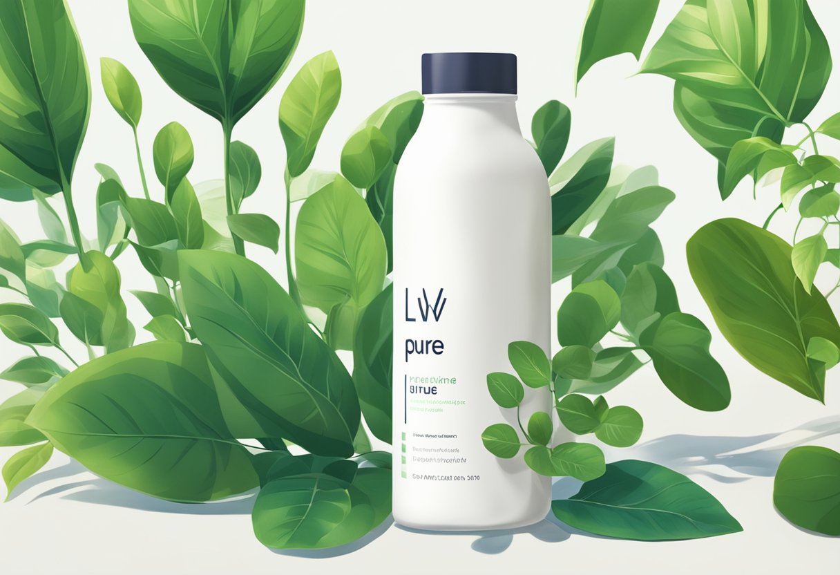 A bottle of Liv Pure sits on a clean, white surface. A vibrant green leafy plant is placed next to it, symbolizing health and vitality. Rays of sunlight stream in, casting a warm glow on the scene