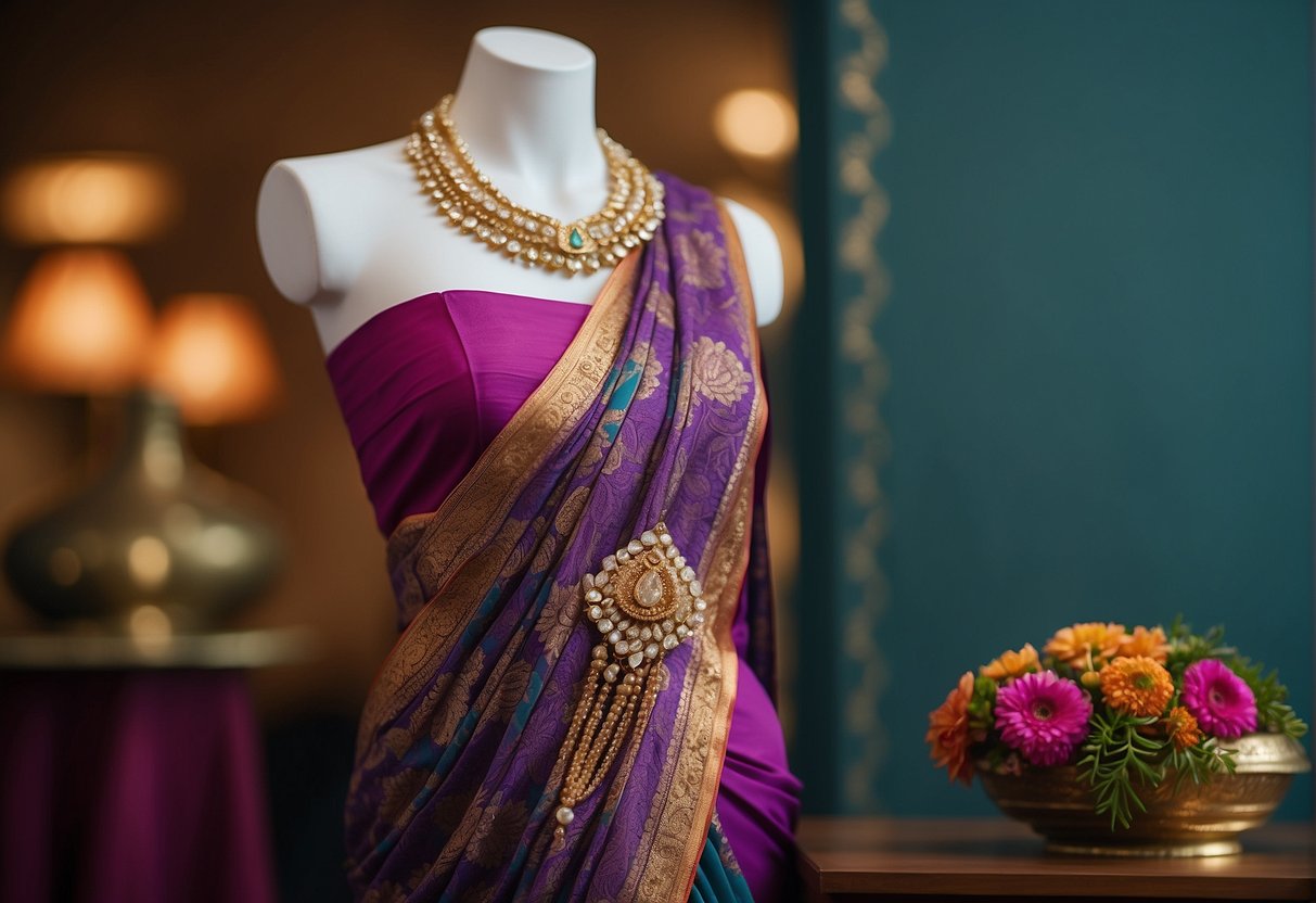 A floral saree draped over a mannequin, adorned with statement jewelry and a matching clutch. The vibrant colors and intricate floral prints stand out, exuding elegance and style