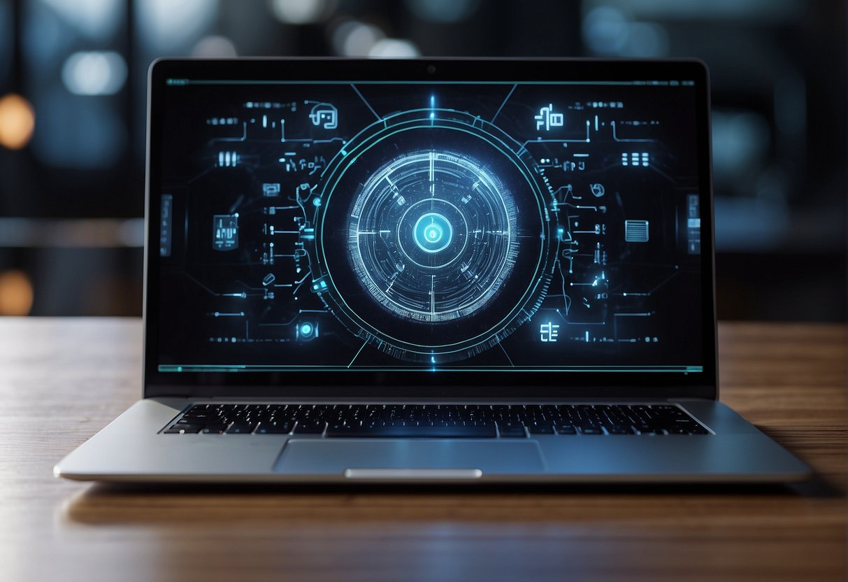 An open laptop displaying various AI paraphrasing tools, surrounded by glowing lines and digital icons