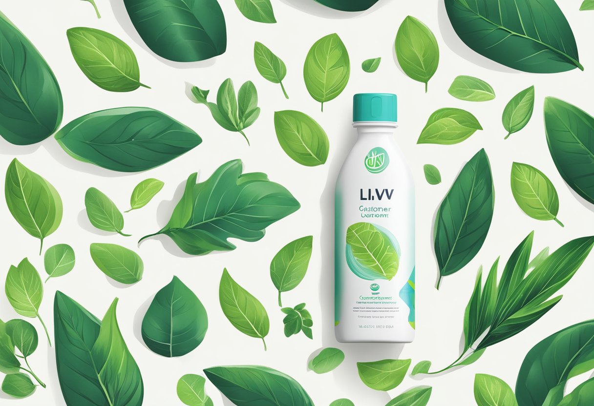 A bottle of Liv Pure sits on a clean, white countertop. A glowing, healthy liver is depicted on the label, surrounded by vibrant green leaves and the words "Customer Experiences and Guarantees."