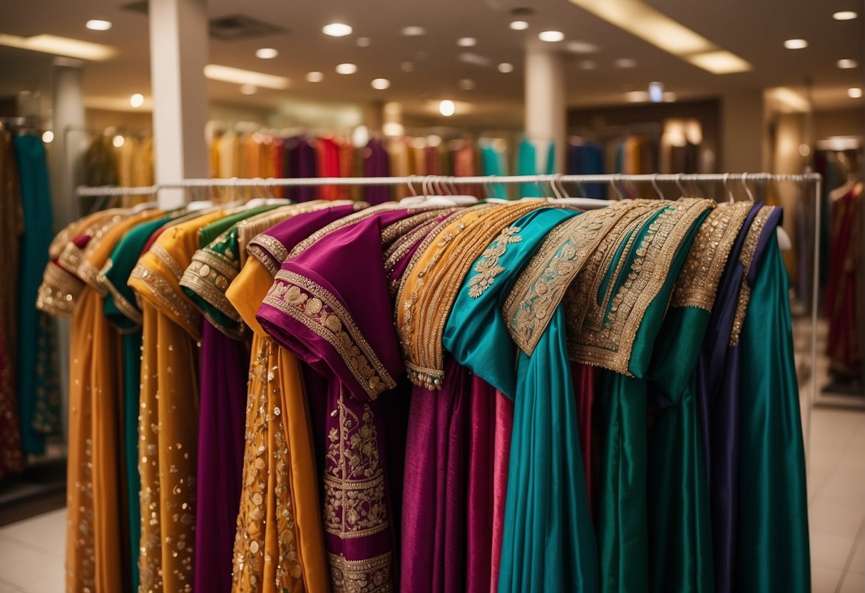 A colorful array of intricately embroidered sarees drapes gracefully over a display rack, showcasing the exquisite craftsmanship and timeless elegance of traditional Indian fashion