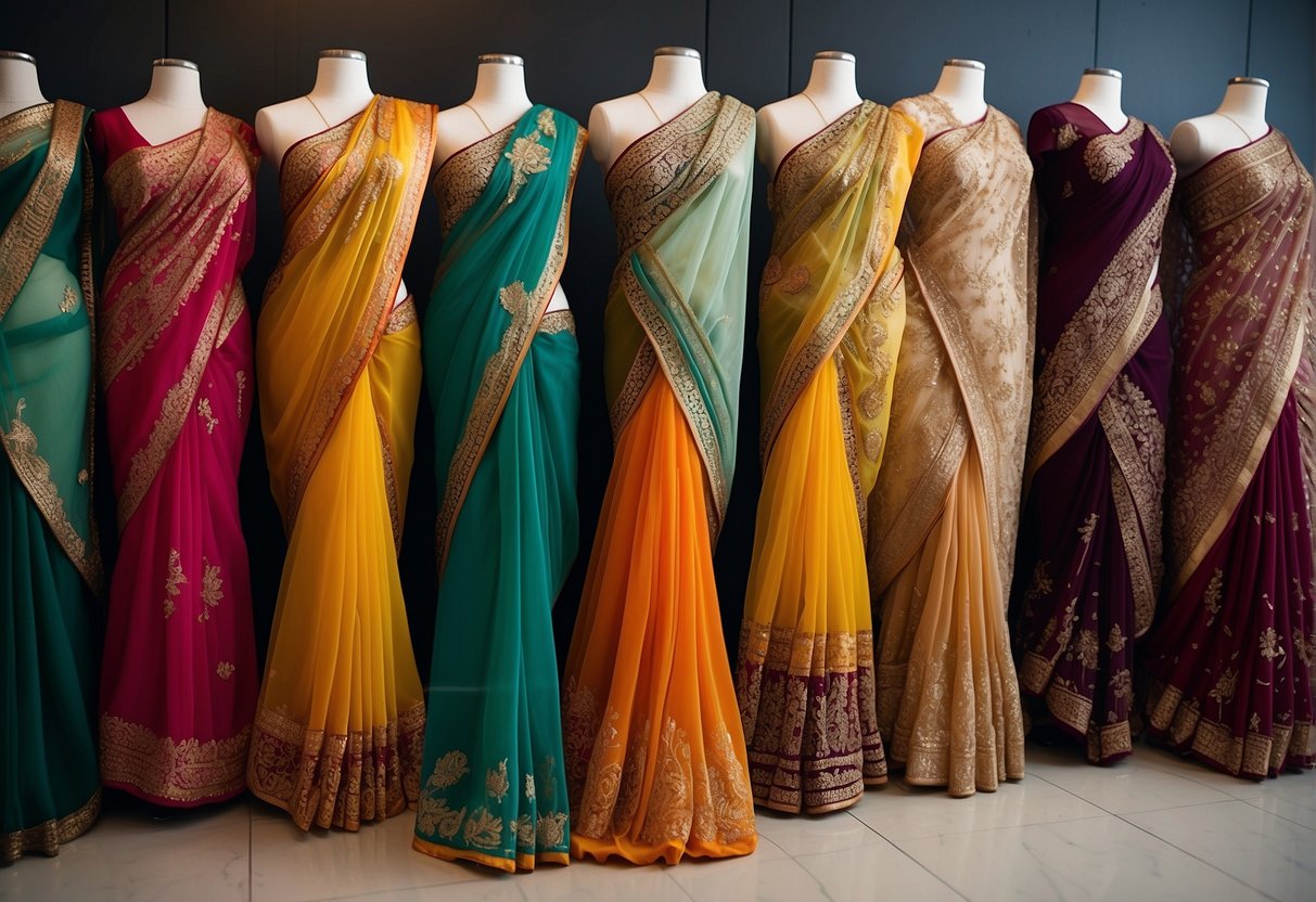 A colorful collection of embroidered sarees displayed on mannequins, showcasing intricate patterns and designs. The elegant fabric drapes gracefully, exuding a sense of tradition and luxury