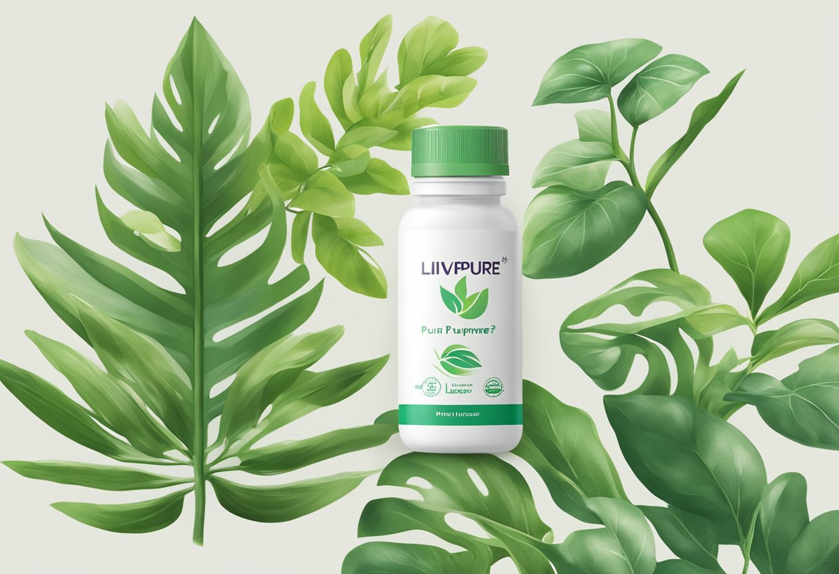 A bottle of Liv Pure sits on a clean, white surface with a background of green, leafy plants. The label prominently displays the question "Does Liv Pure improve liver health?"