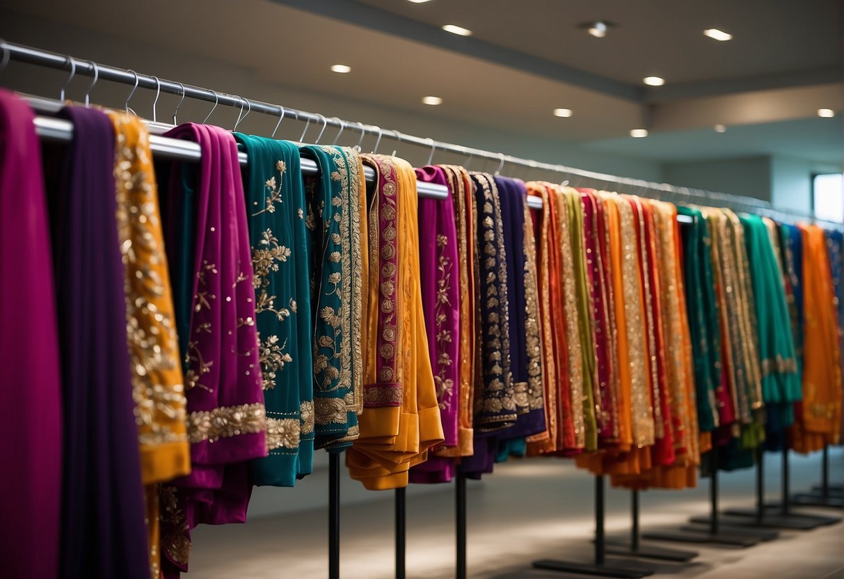 A display of vibrant embroidered sarees hanging on a sleek clothing rack, showcasing the elegance and beauty of contemporary fashion