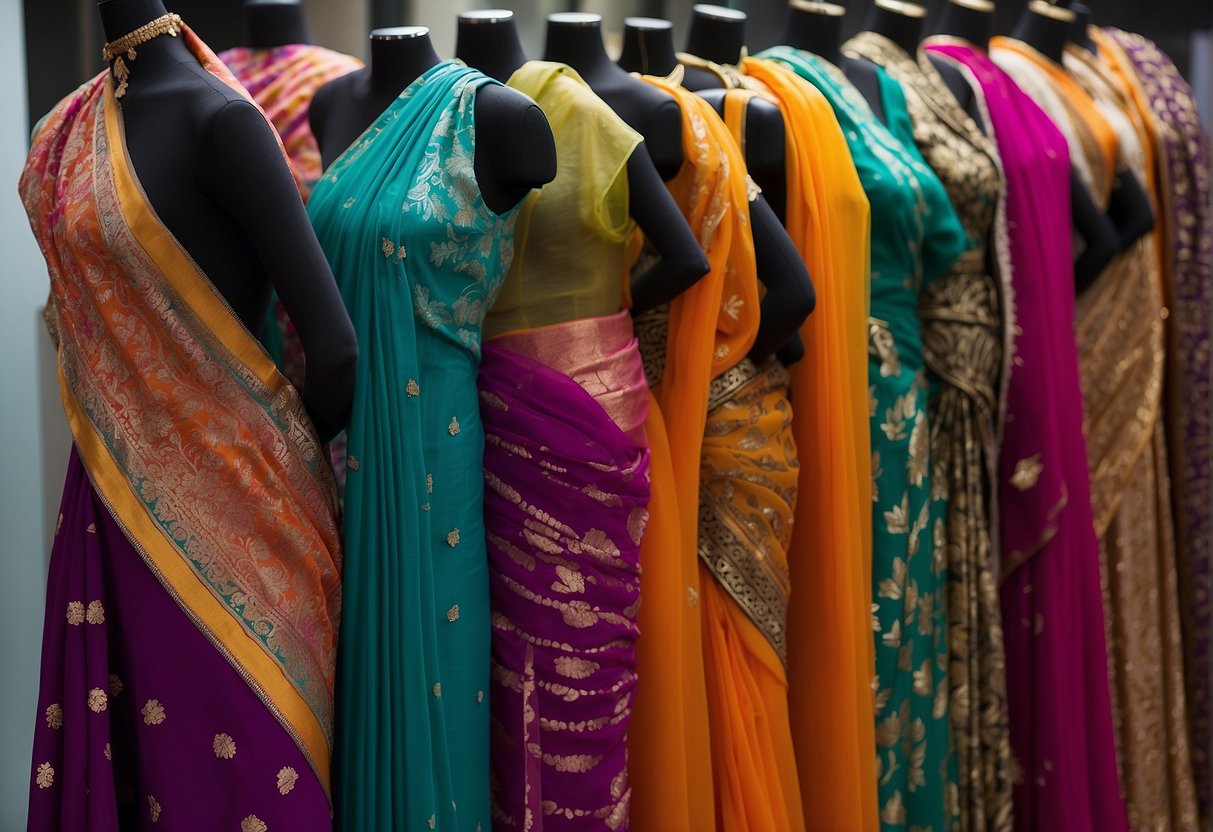 A colorful array of digitally printed sarees displayed on mannequins, showcasing the evolution of saree fashion