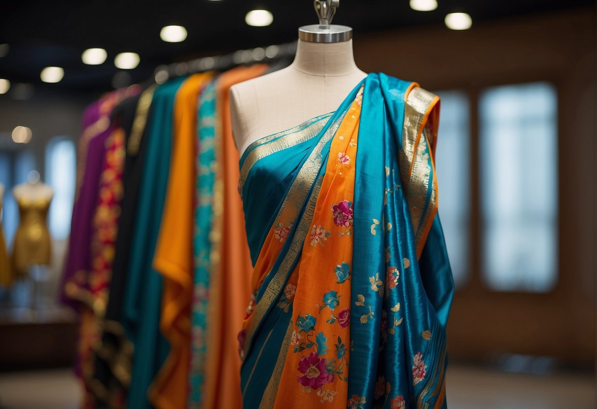 A vibrant digital print saree draped over a mannequin, showcasing the modern transformation of traditional saree trends