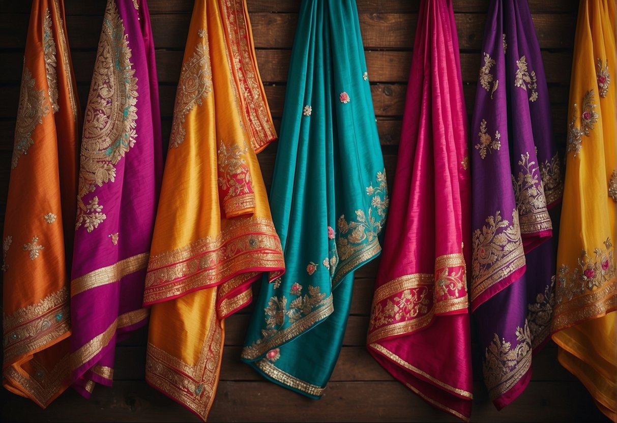 Vibrant half sarees draped over a rustic wooden hanger, adorned with intricate embroidery and vibrant colors, symbolizing the fusion of traditional elegance and modern trends
