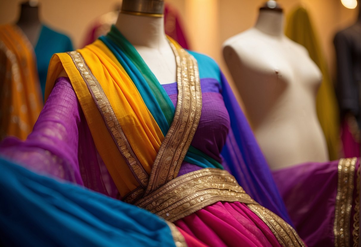 A colorful half saree draped over a mannequin, showcasing the intricate details and vibrant colors, representing the blend of tradition and modern trends
