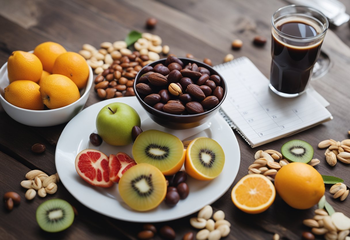 Tips for Beating Sugar Cravings: A table with fresh fruits, nuts, and dark chocolate. A person drinking water. A calendar with workout schedule. A journal for tracking progress