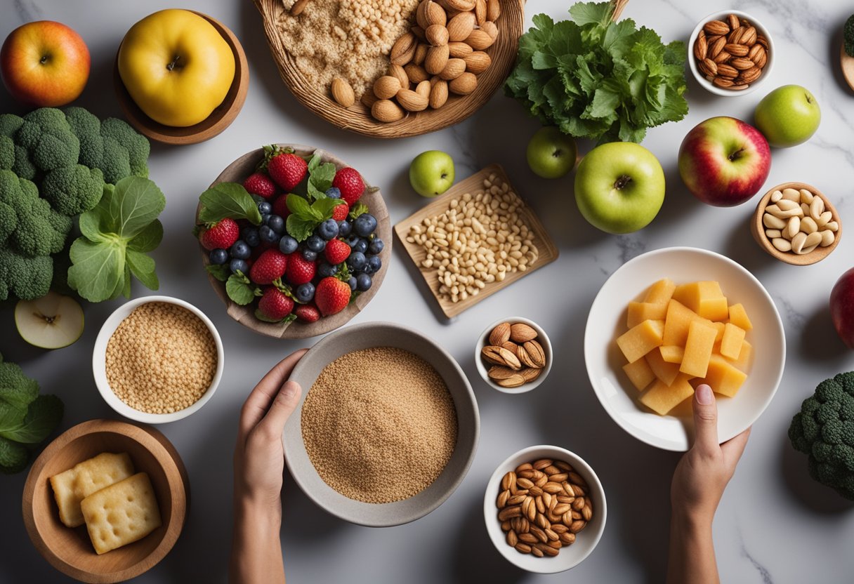 Tips for Beating Sugar Cravings: A table with a variety of healthy food options, such as fruits, vegetables, nuts, and whole grains. A person reaching for an apple while avoiding sugary snacks