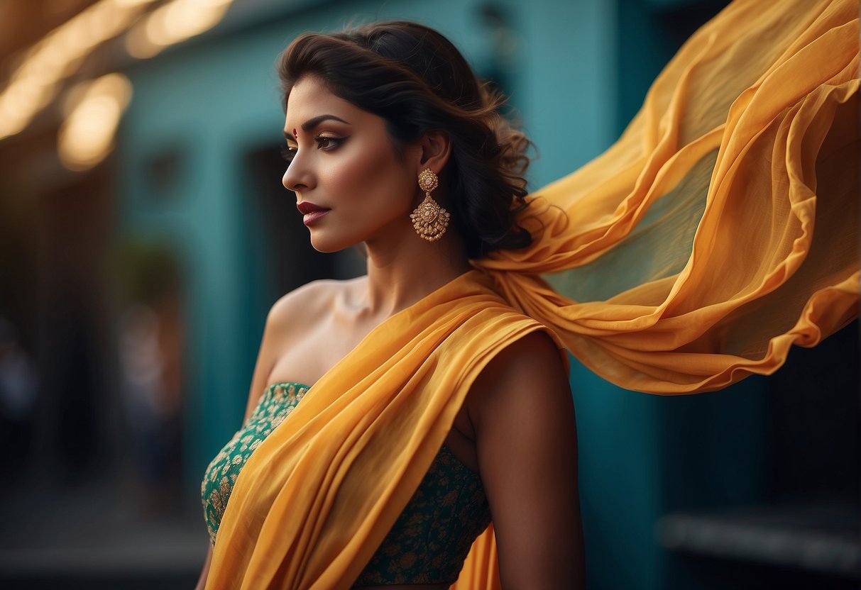 A model of a ruffle saree flowing in the wind, creating waves of fabric movement. Vibrant colors and textures add to the dynamic and modern look