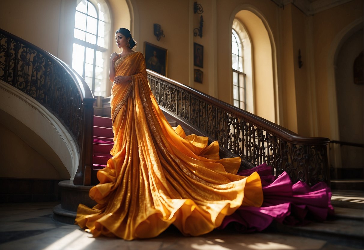 A vibrant ruffle saree cascades down a grand staircase, catching the light and creating a mesmerizing wave-like effect