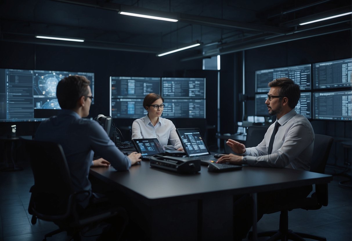 A group of AI video translators in action, seamlessly converting spoken words into multiple languages on screen