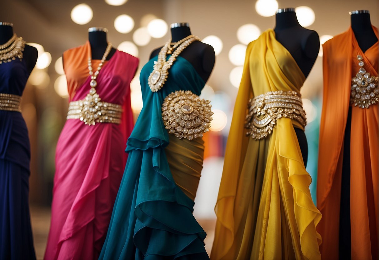 A mannequin stands adorned in a vibrant ruffle saree, elegantly draped and accessorized with statement jewelry, showcasing the latest trend in saree fashion