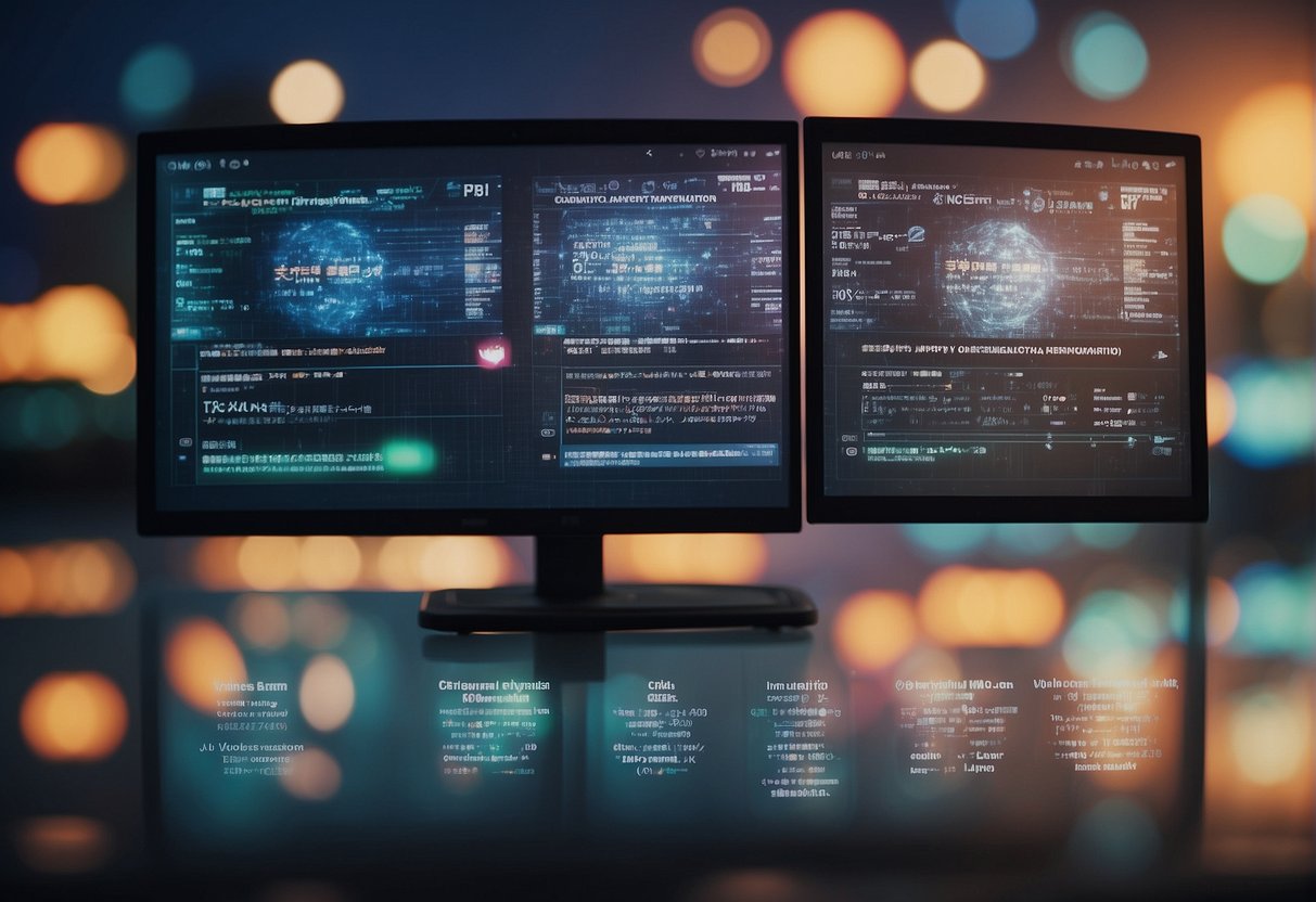 An AI video translator displays two videos side by side, with text appearing in real-time below each video. The videos are of different languages being spoken, and the translated text is highlighted as it appears