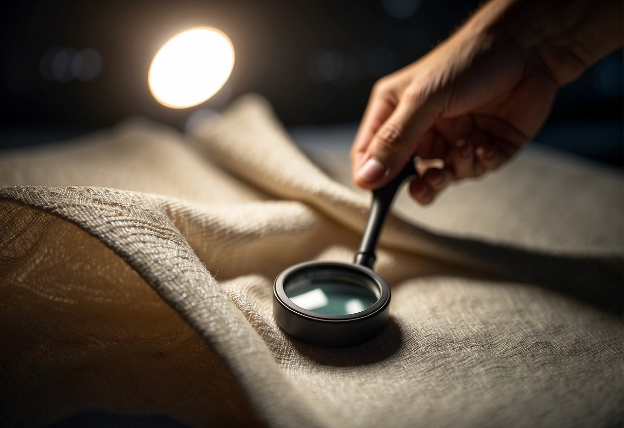 A hand holds a piece of fabric up to the light, examining its texture and weave for quality. A magnifying glass sits nearby for closer inspection