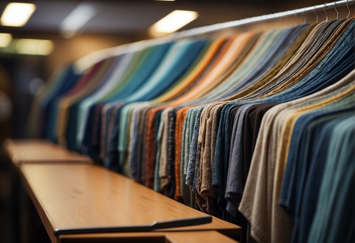 A hand reaches out to touch various fabric types, inspecting for quality. Fabrics are neatly arranged on display