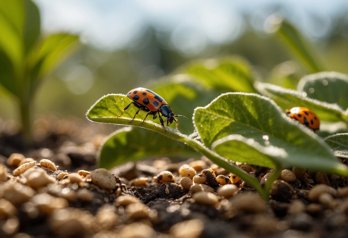 Bean beetles are removed from plants by handpicking and disposing of them. Alternatively, insecticidal soap can be sprayed on the plants to control the infestation