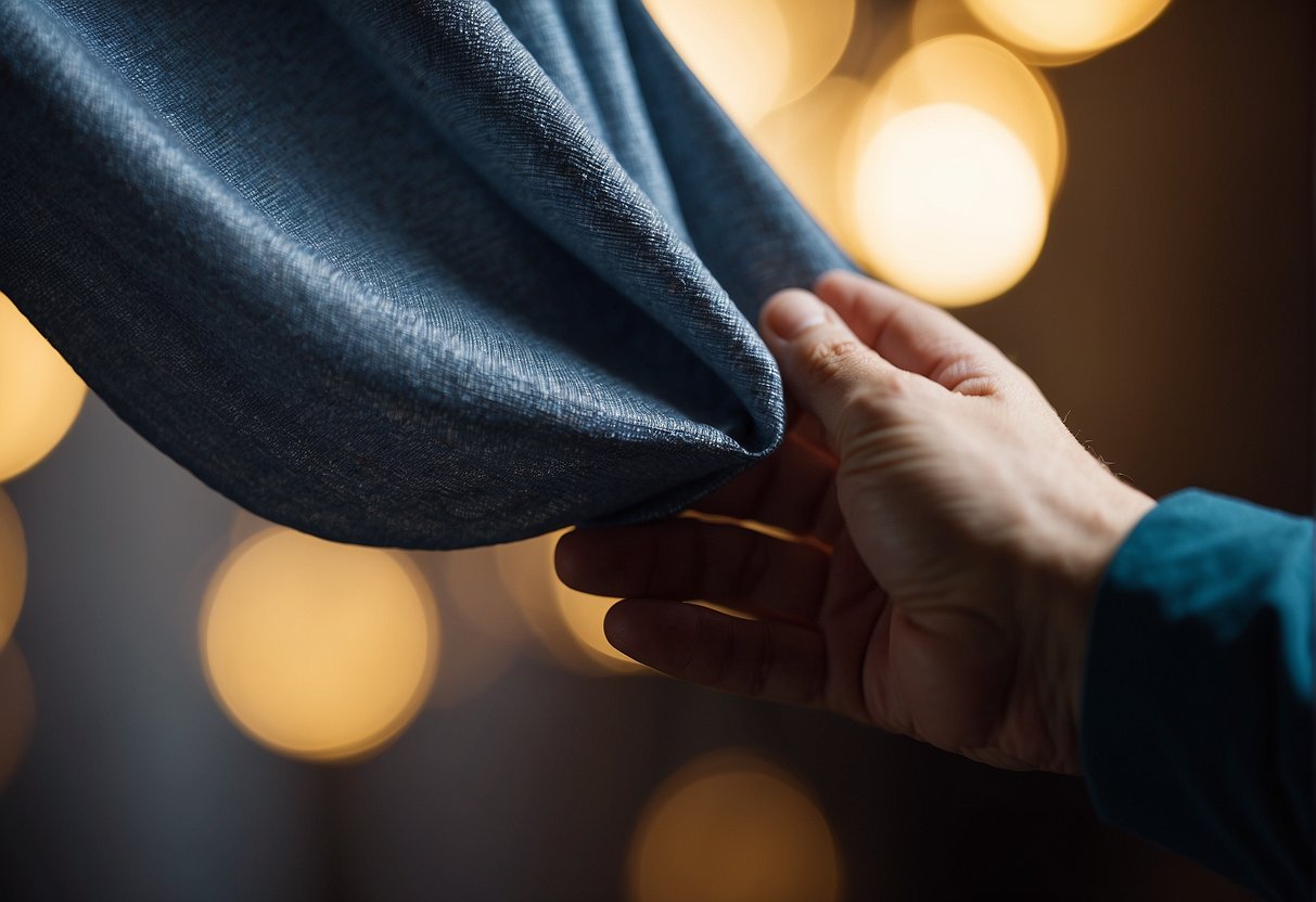 A hand holding a piece of fabric, examining its texture and drape. Bright lighting highlights the details of the material