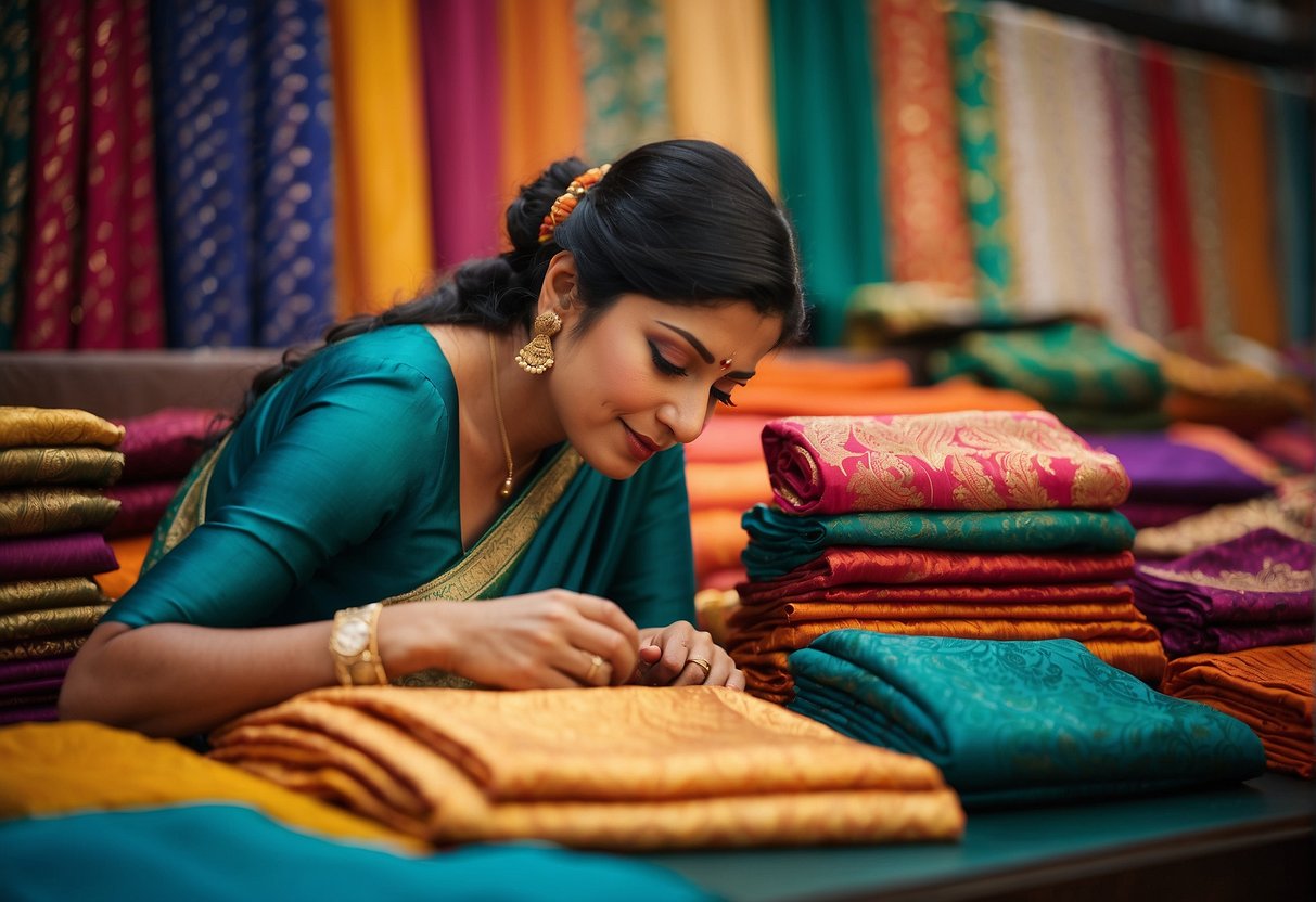 A woman carefully selects a vibrant design and pattern from a colorful array of sarees spread out on a table