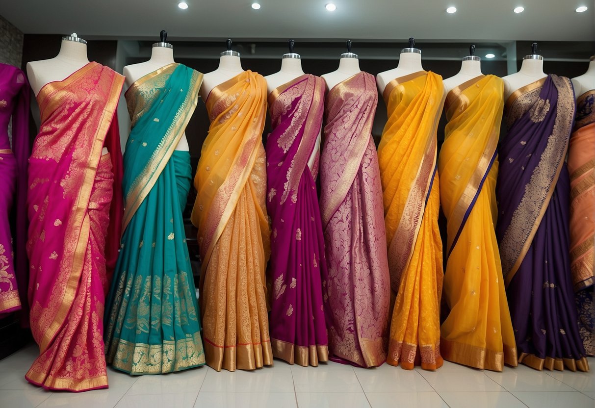A variety of saree fabrics and weaves are displayed, showcasing different designs and patterns for selection