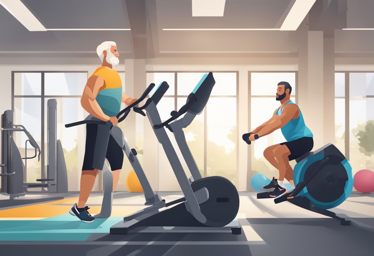 Middle-aged person doing low-impact cardio or strength training in a well-lit gym with supportive equipment Best Type Of Exercise For Over 40