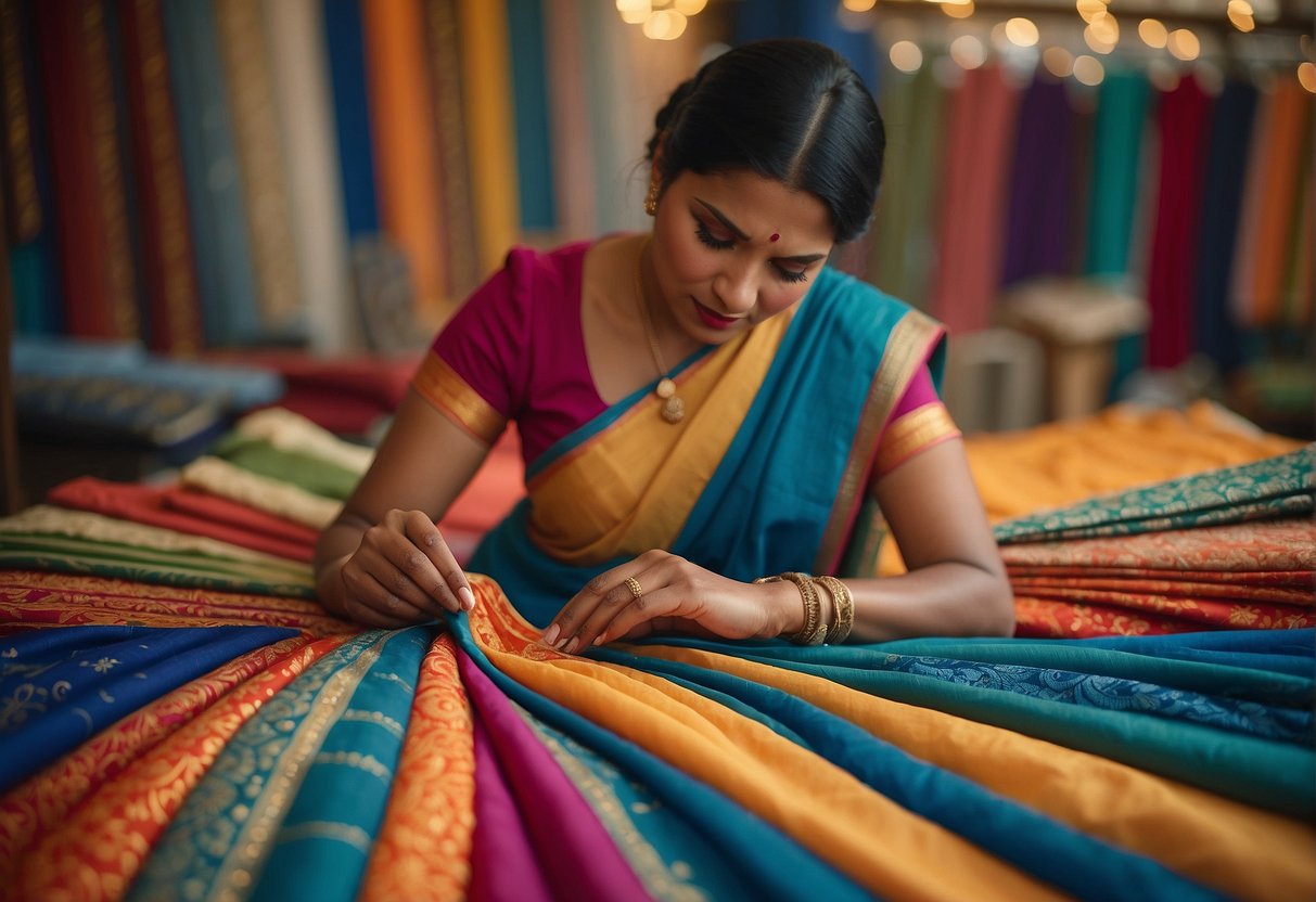 A woman carefully selects a vibrant pattern for her saree, surrounded by swatches of fabric and design sketches