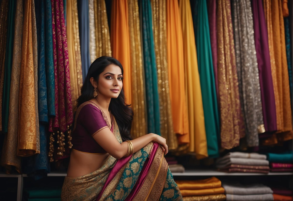 A woman browsing through a variety of colorful sarees, each suited for different occasions, displayed on racks in a traditional Indian clothing store