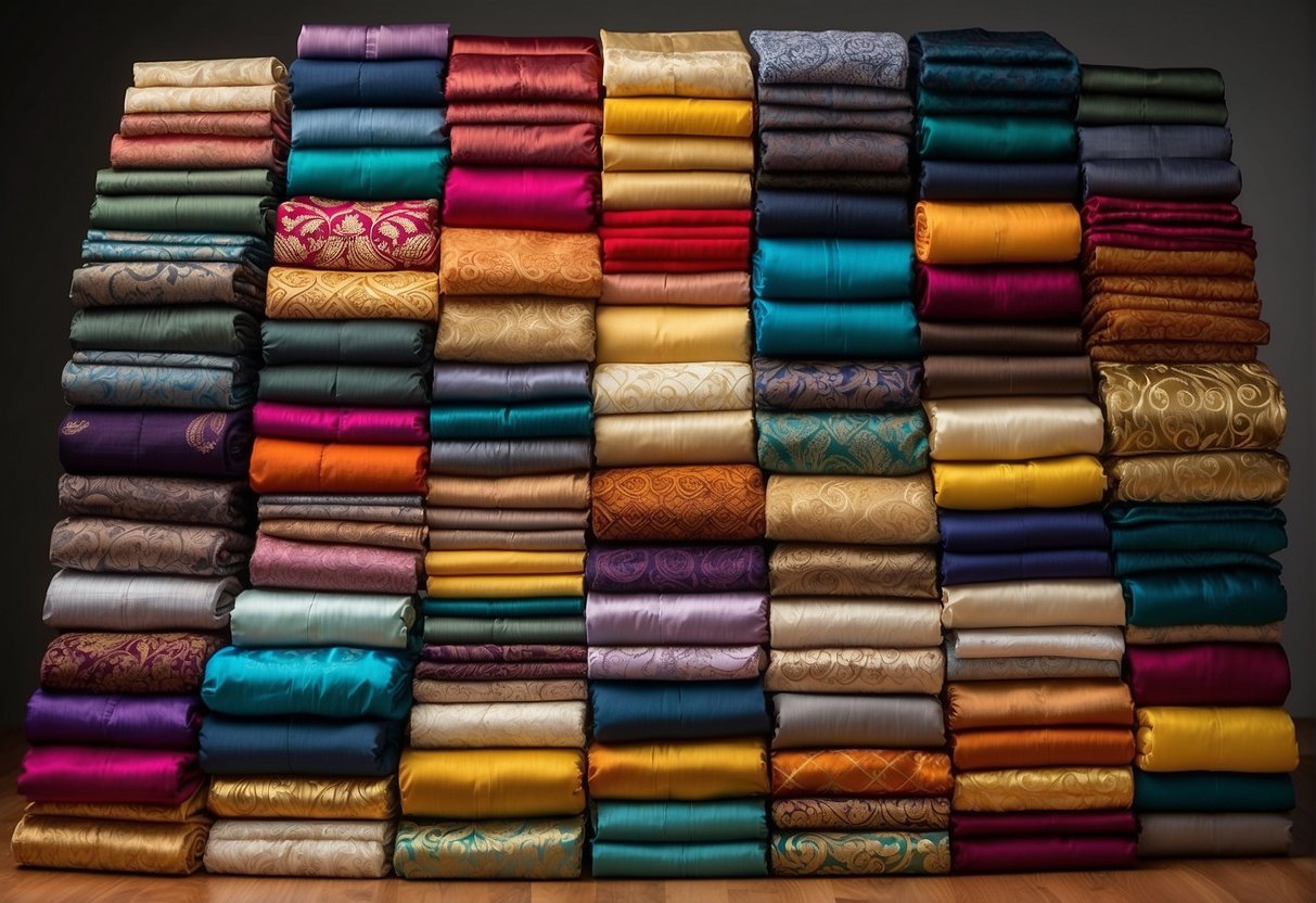 A colorful array of sarees in various fabrics and styles, neatly folded and displayed, with labels indicating suitable occasions for each