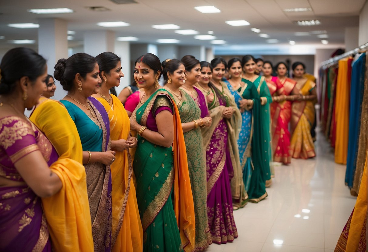 A woman carefully examines a vibrant array of sarees, each one unique in color and design, as she selects the perfect one for a special occasion