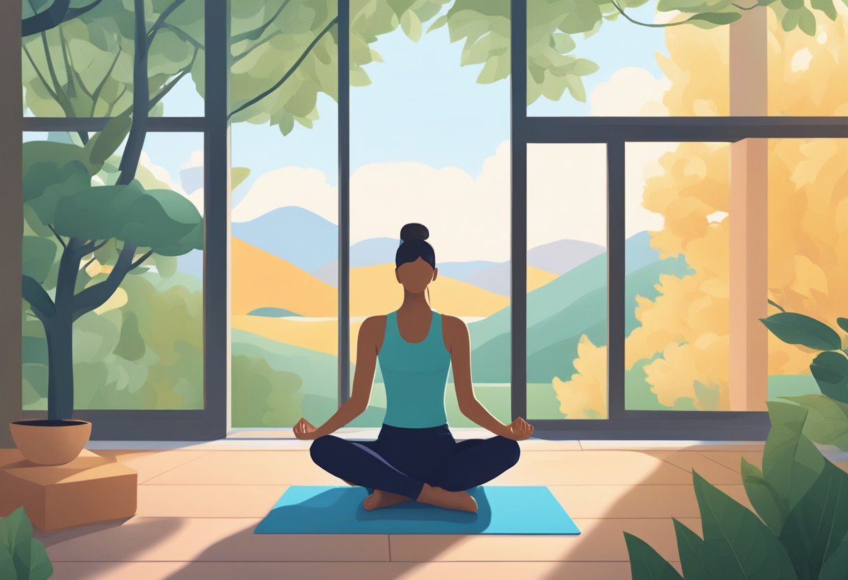 A serene setting with a yoga mat, blocks, and a strap. A person's silhouette in a gentle stretch, surrounded by calming nature