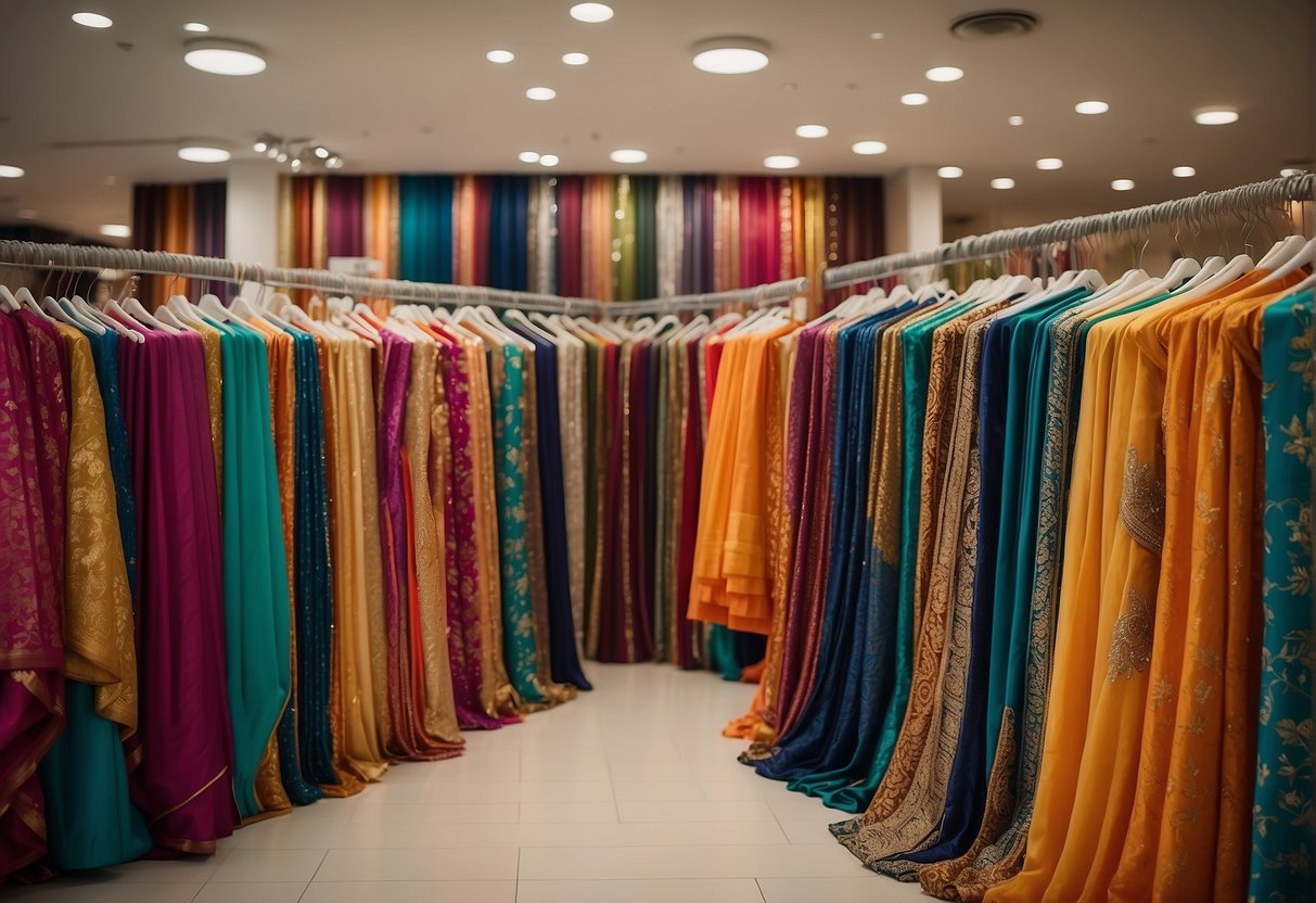 A colorful array of sarees displayed on racks, with price tags visible. Some sarees are draped over mannequins to showcase their designs