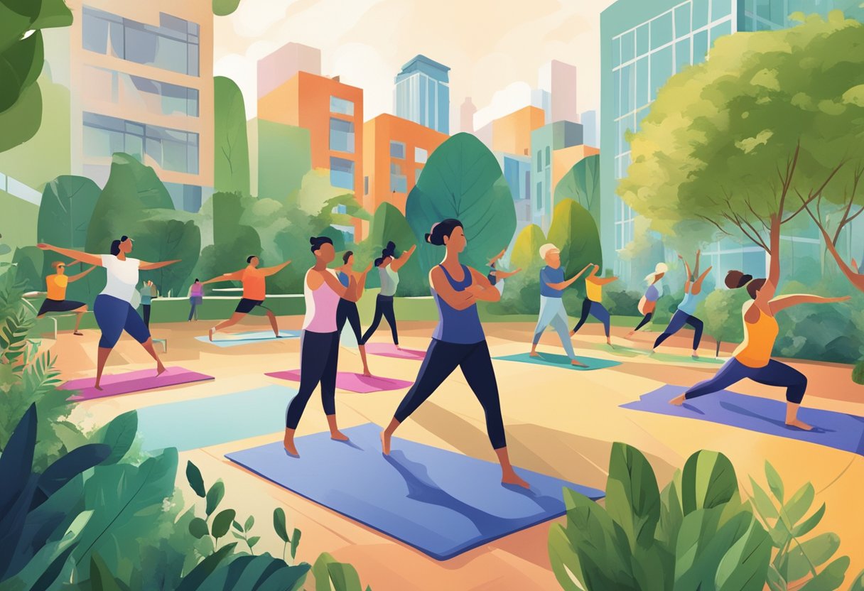 People in their 40s enjoying various exercises like yoga, cycling, and swimming in a vibrant outdoor setting with a mix of greenery and urban elements Best Type Of Exercise For Over 40