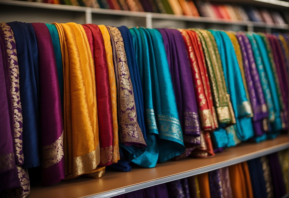 An array of colorful sarees displayed on shelves, showcasing various fabrics and intricate designs. Price tags are visible, indicating different price ranges to fit any budget