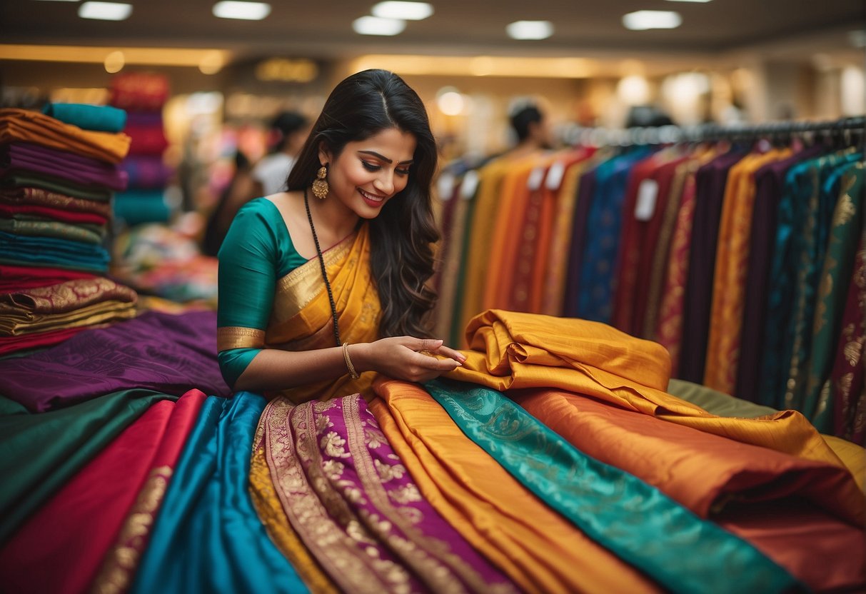 A woman browses through a colorful array of sarees, carefully comparing price tags and fabric quality. She smiles as she finds a beautiful saree within her budget