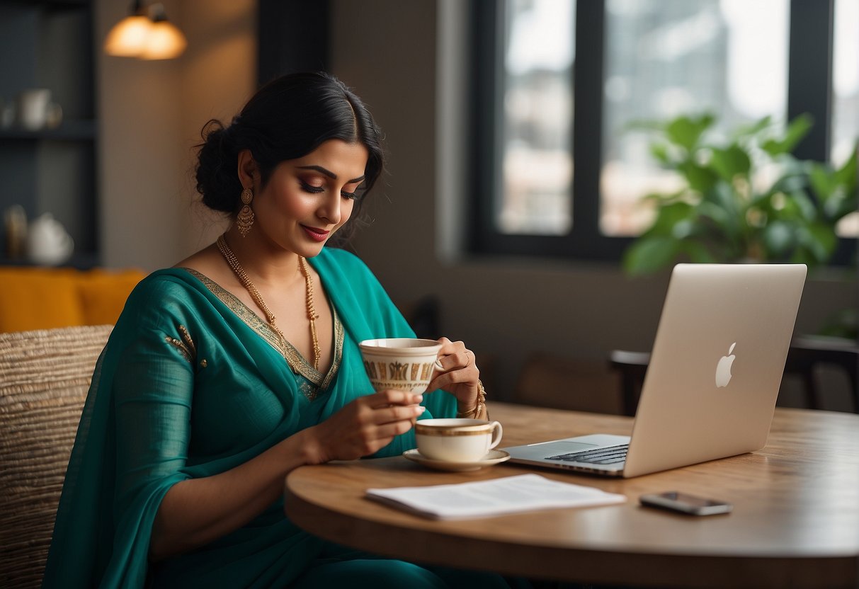 A woman reading customer reviews online while holding a saree, with a laptop and a cup of tea on the table