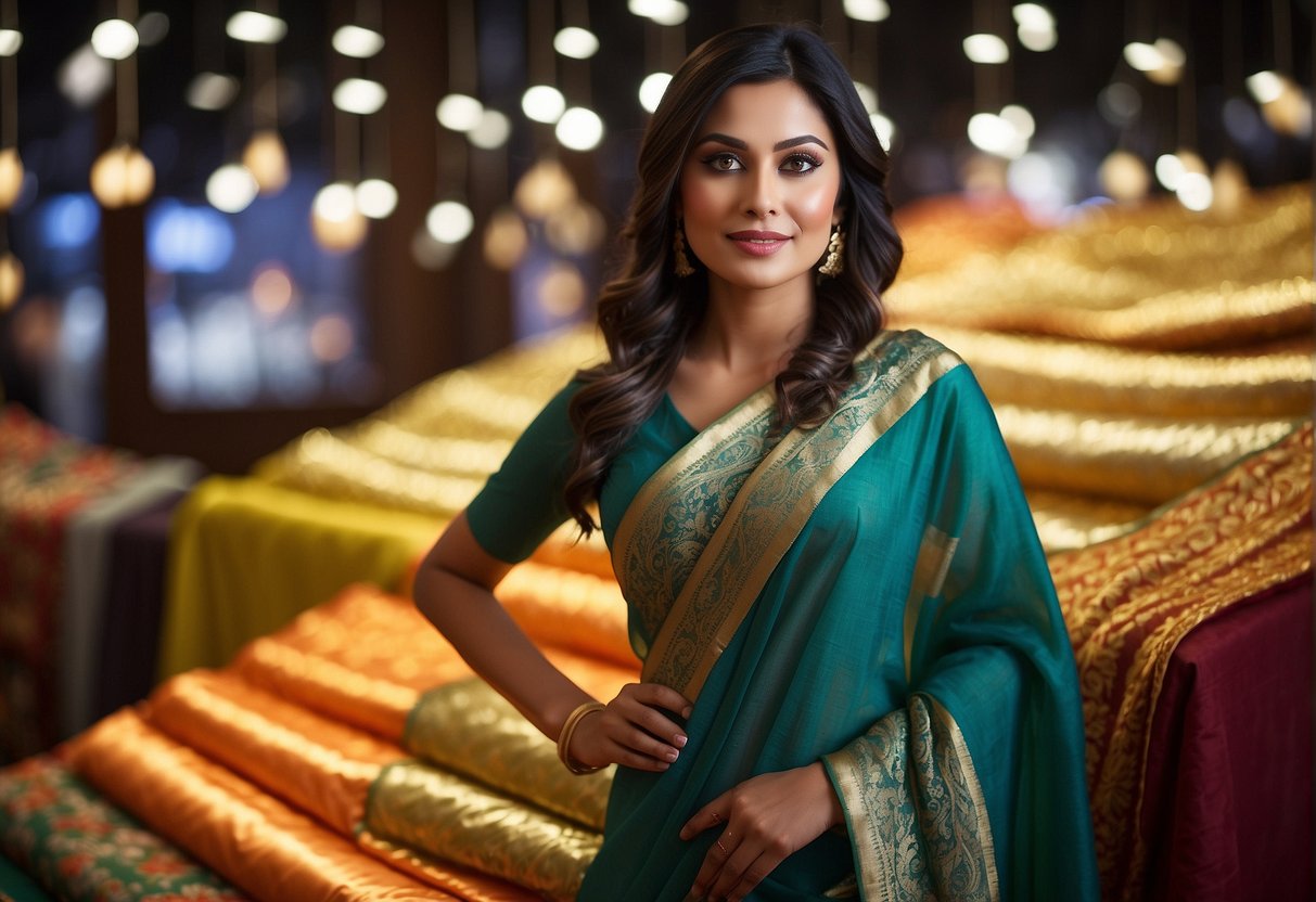 A woman holds a beautifully patterned saree, surrounded by glowing customer reviews and star ratings. The words "key" and "importance" stand out