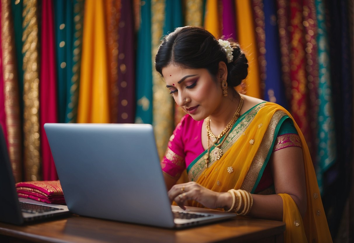 A woman browsing through a variety of colorful sarees online, reading customer reviews on her computer screen to help her make the right choice