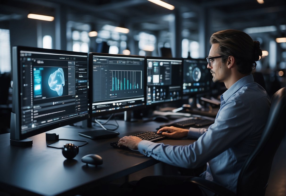 AI editing tools in use, with screens displaying image enhancement options, color correction, and background removal. AI algorithms visibly at work