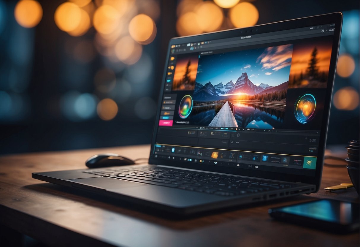The AI editing tools are shown in action, enhancing creativity and production with vibrant colors and dynamic shapes