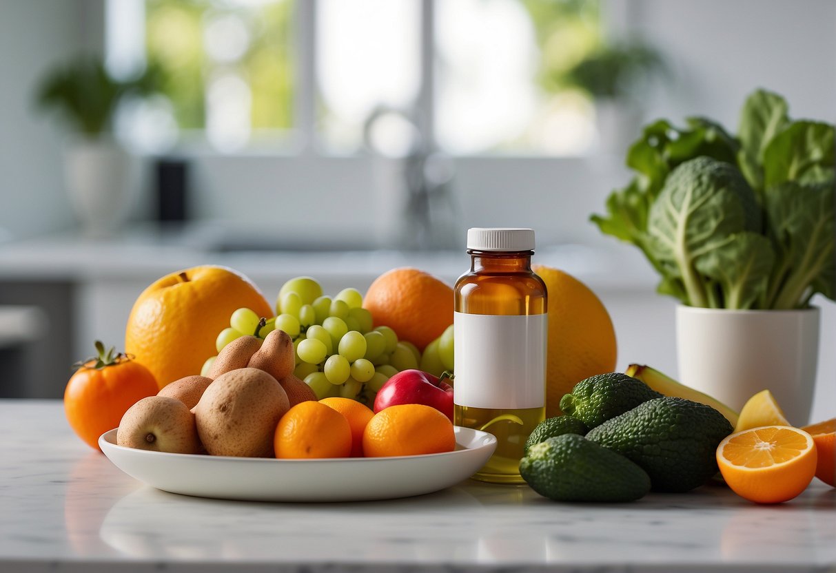 A bottle of weight loss supplements surrounded by fresh fruits and vegetables on a clean, white countertop