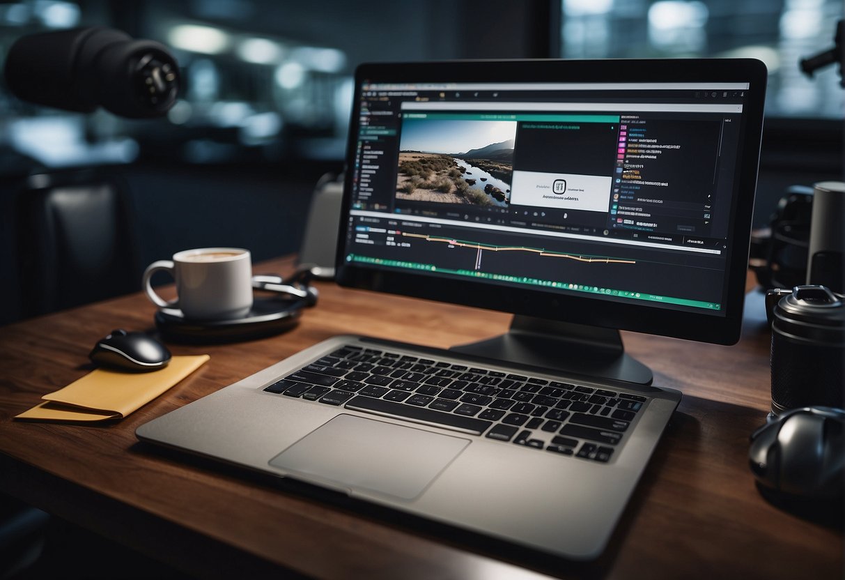 AI editing tools arranged on a desk, with a computer screen displaying social media and marketing content being edited