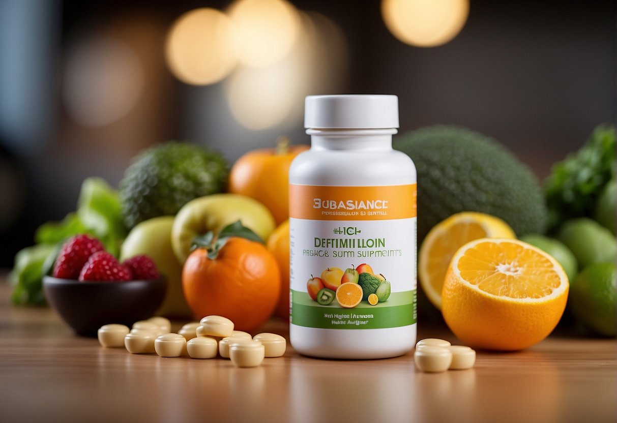 A bottle of popular weight loss supplements surrounded by fresh fruits and vegetables
