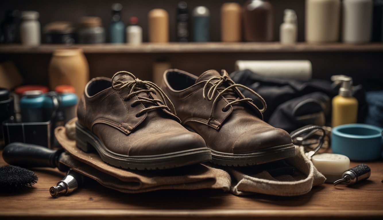 A well-worn pair of Ecco shoes on a shelf, surrounded by shoe care products and tools. The shoes show signs of use but are still in good condition, demonstrating their longevity and the importance of maintenance