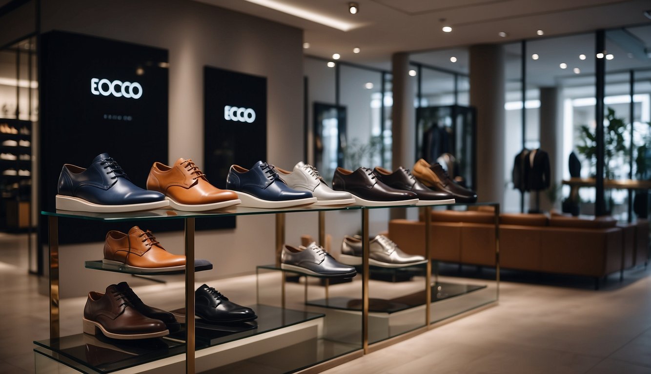 A display of Ecco shoes in a high-end boutique, surrounded by luxury branding and positioned alongside other premium footwear