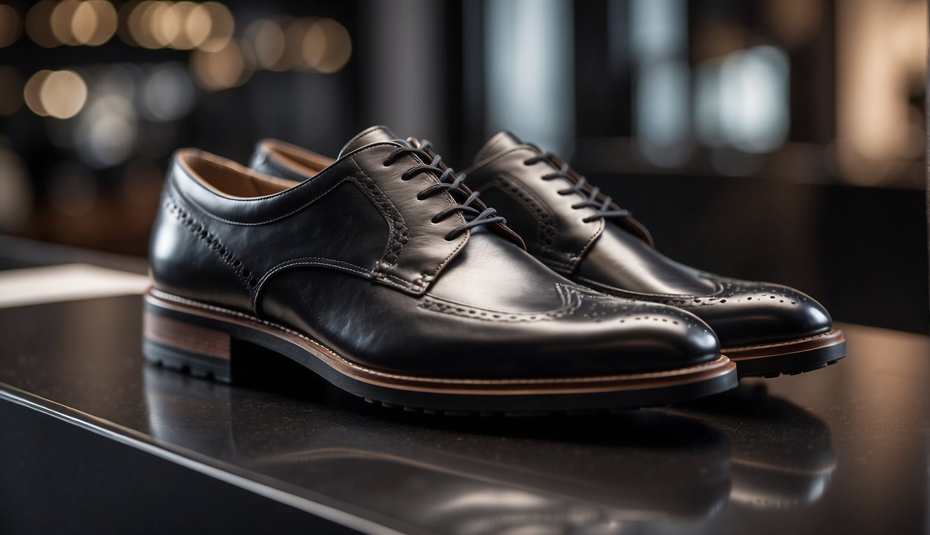 A display of high-quality materials and craftsmanship, with a focus on comfort and durability. Ecco shoes are showcased alongside other luxury brands, highlighting their premium pricing