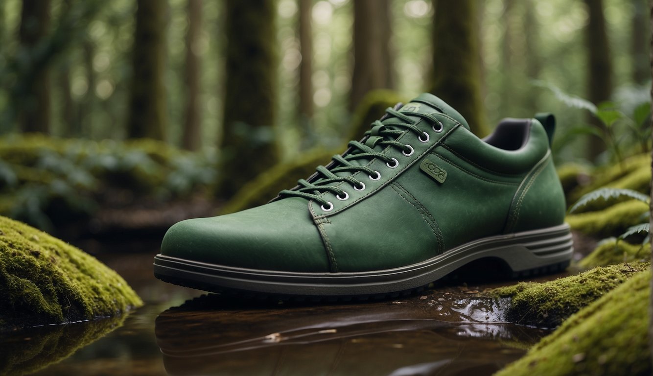 A lush forest with diverse wildlife, clean waterways, and sustainable manufacturing facilities. Ecco shoes are displayed prominently, highlighting their commitment to environmental responsibility