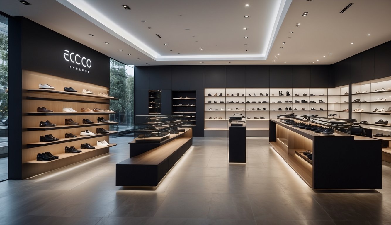 A sleek, modern shoe store with minimalist decor. Ecco shoes are displayed on illuminated shelves, exuding luxury and quality. Bold branding and sleek packaging reinforce their high-end image