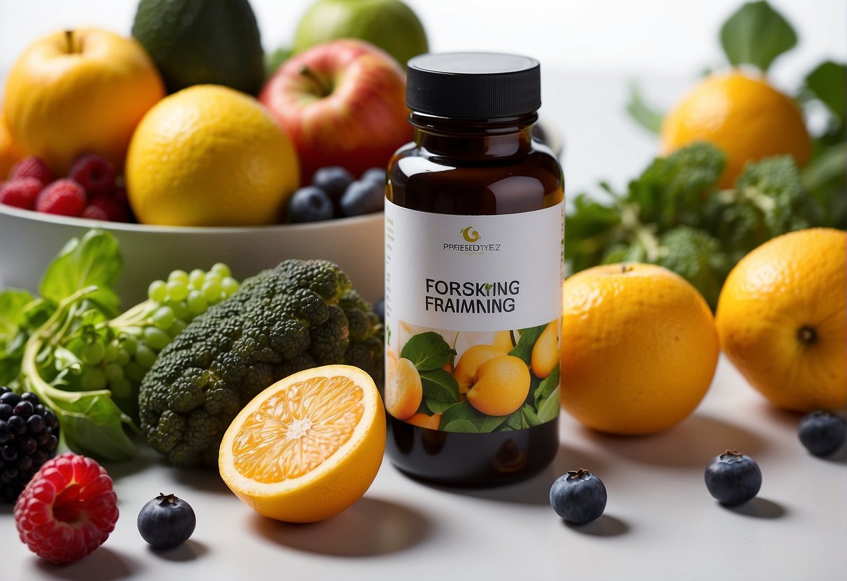 A bottle of "Ny forskning och Framsteg Viktminskning" weight loss supplement stands on a clean, white surface, surrounded by fresh fruits and vegetables