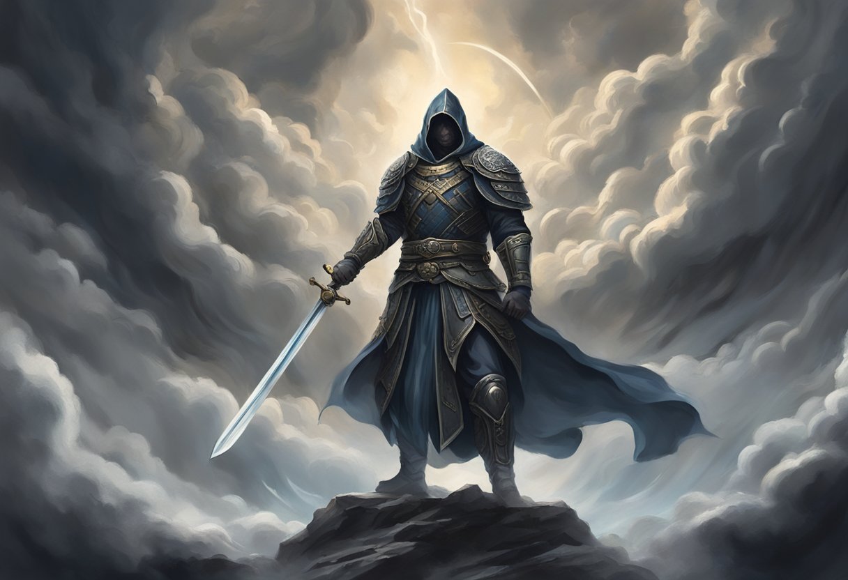 A figure stands in a defensive stance, surrounded by dark, swirling clouds. They raise a sword, ready to strike against the looming temptations and sin that encroach upon them